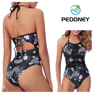 NEW!  Peddney Vintage Lace One-Piece Halter Floral Print Lace Up Back swimsuit